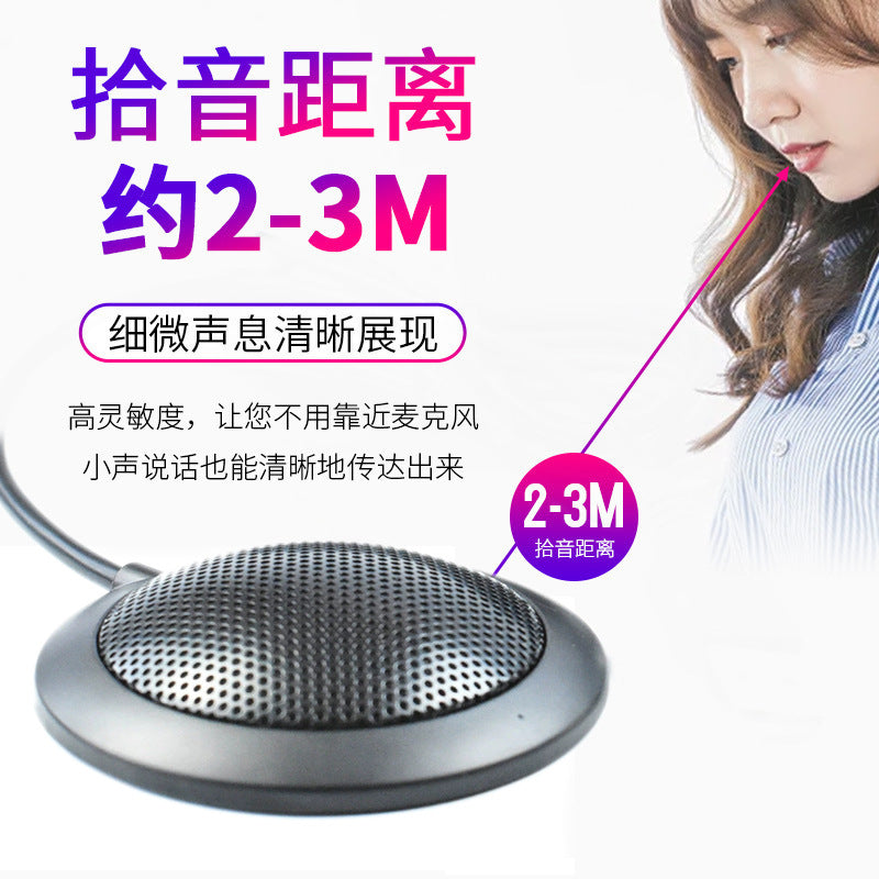 Voxdesk – Black round desktop microphone in front of a woman speaking from a distance, 2-3M pickup label