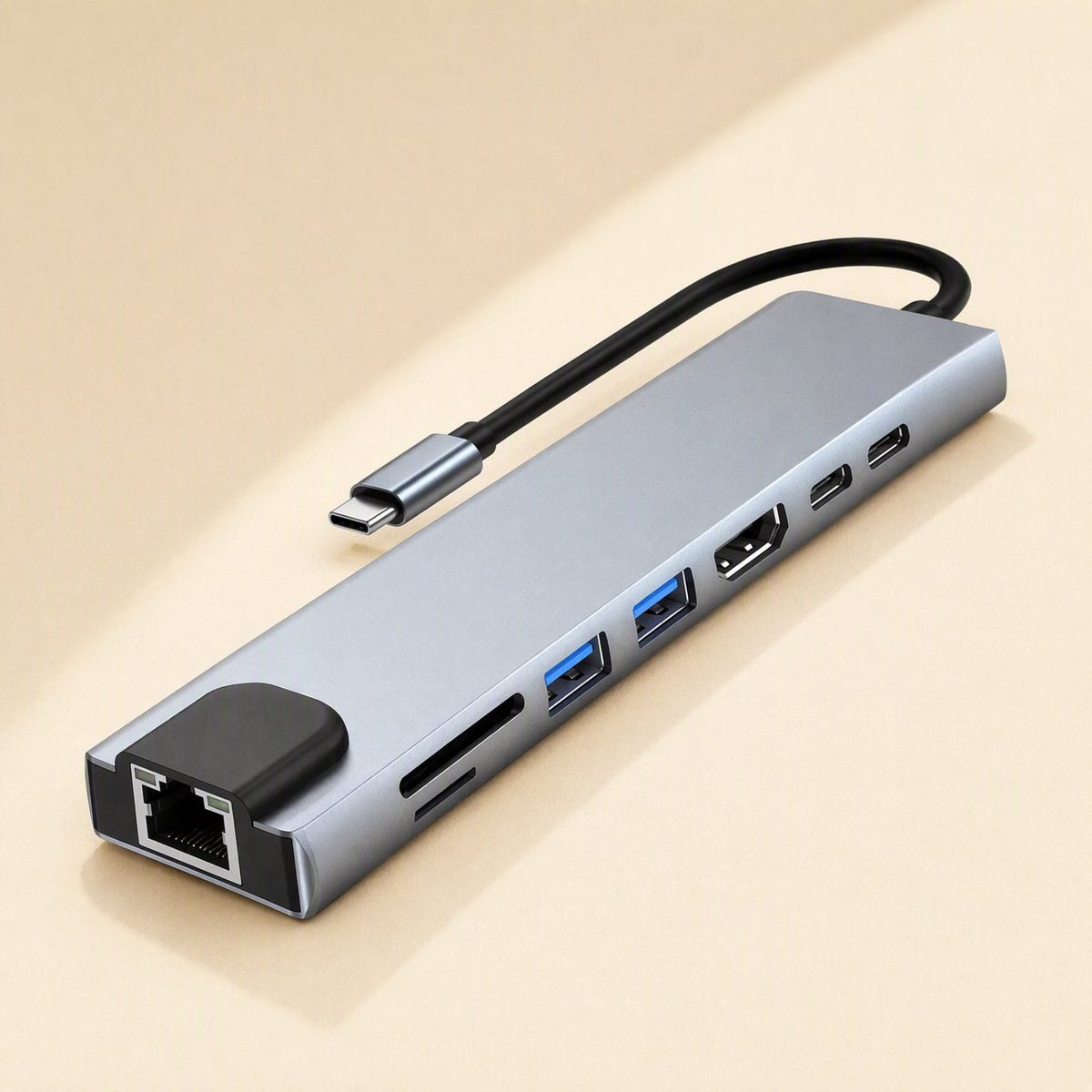 Linkspread Type-C Multi-Port Docking Station in grey, angled view showing Ethernet, USB, HDMI and USB-C ports