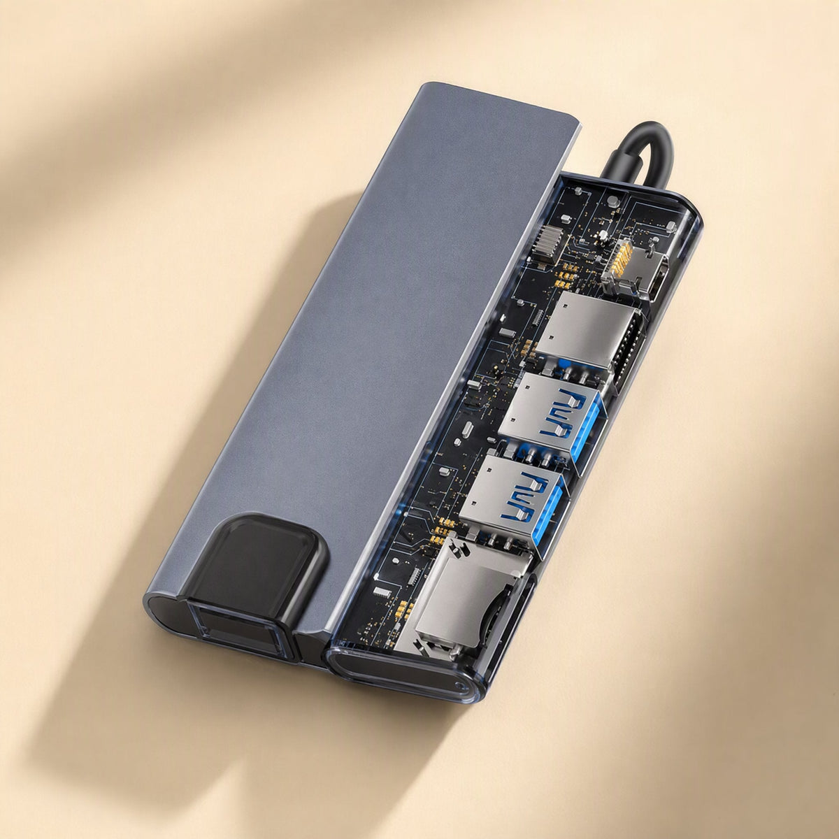 Linkspread – Docking station with a translucent casing exposing internal circuit board, USB ports and card reader slots