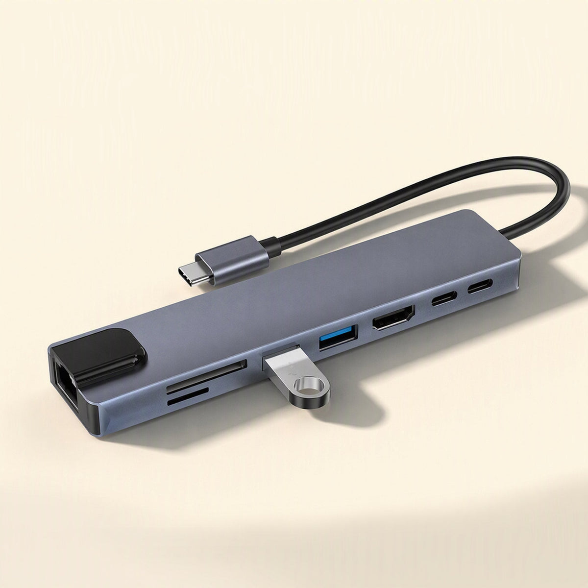 Linkspread – Grey docking station with a USB flash drive plugged into a USB port, shown beside HDMI and USB-C ports