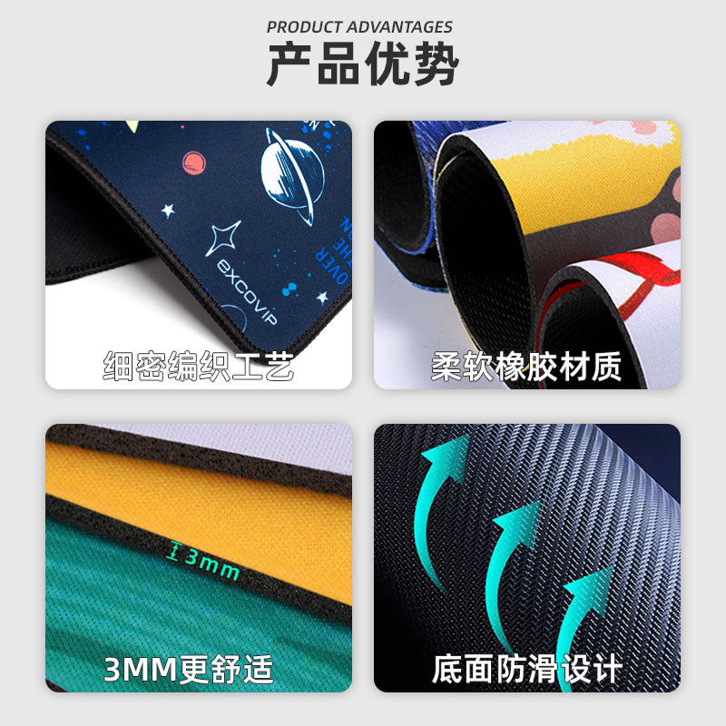 Shortmat – Four close-ups of mouse pad edges: woven fabric, soft rubber, 3mm thickness and a non-slip carbon-pattern base