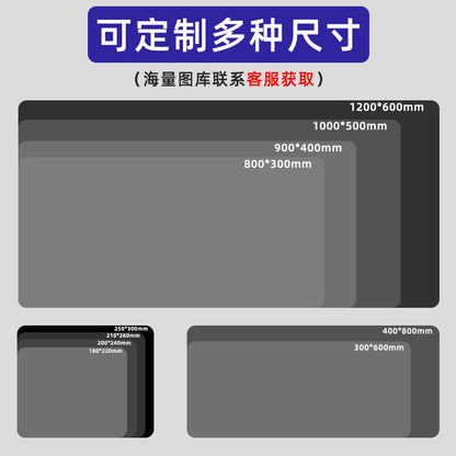 Shortmat – Size chart of grey rectangles showing custom mouse pad sizes from 180x220mm up to 1200x600mm