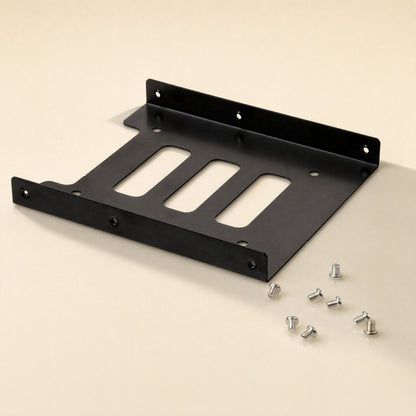 Diskfit 2.5-Inch to 3.5-Inch Hard Disk Bracket – black bracket lying flat with six silver mounting screws scattered beside it