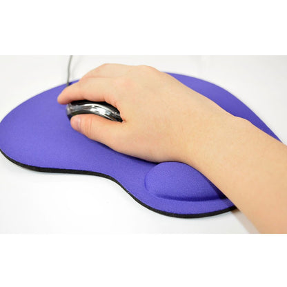 Wristhold Gaming Wrist Rest Mouse Pad – hand using a wired mouse on a purple pad with the wrist resting on the raised cushion
