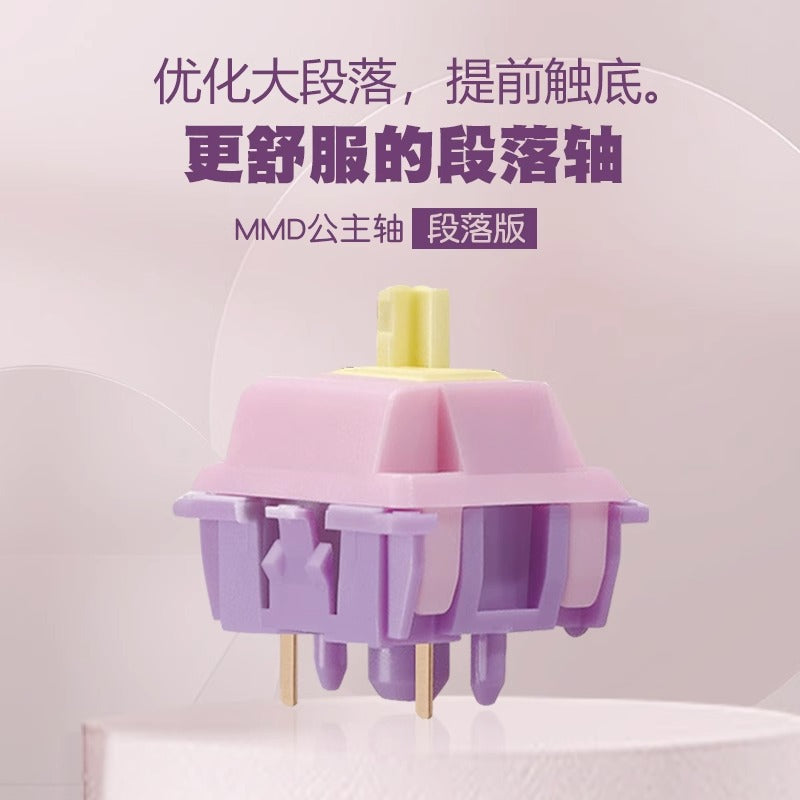 Springlet Princess V2 switch with pink top, purple base and yellow stem on a pink pedestal, Chinese text above