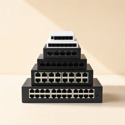 Jacklink RJ45 Ethernet Network Switch lineup stacked by size, from small white 5-port to large black 24-port