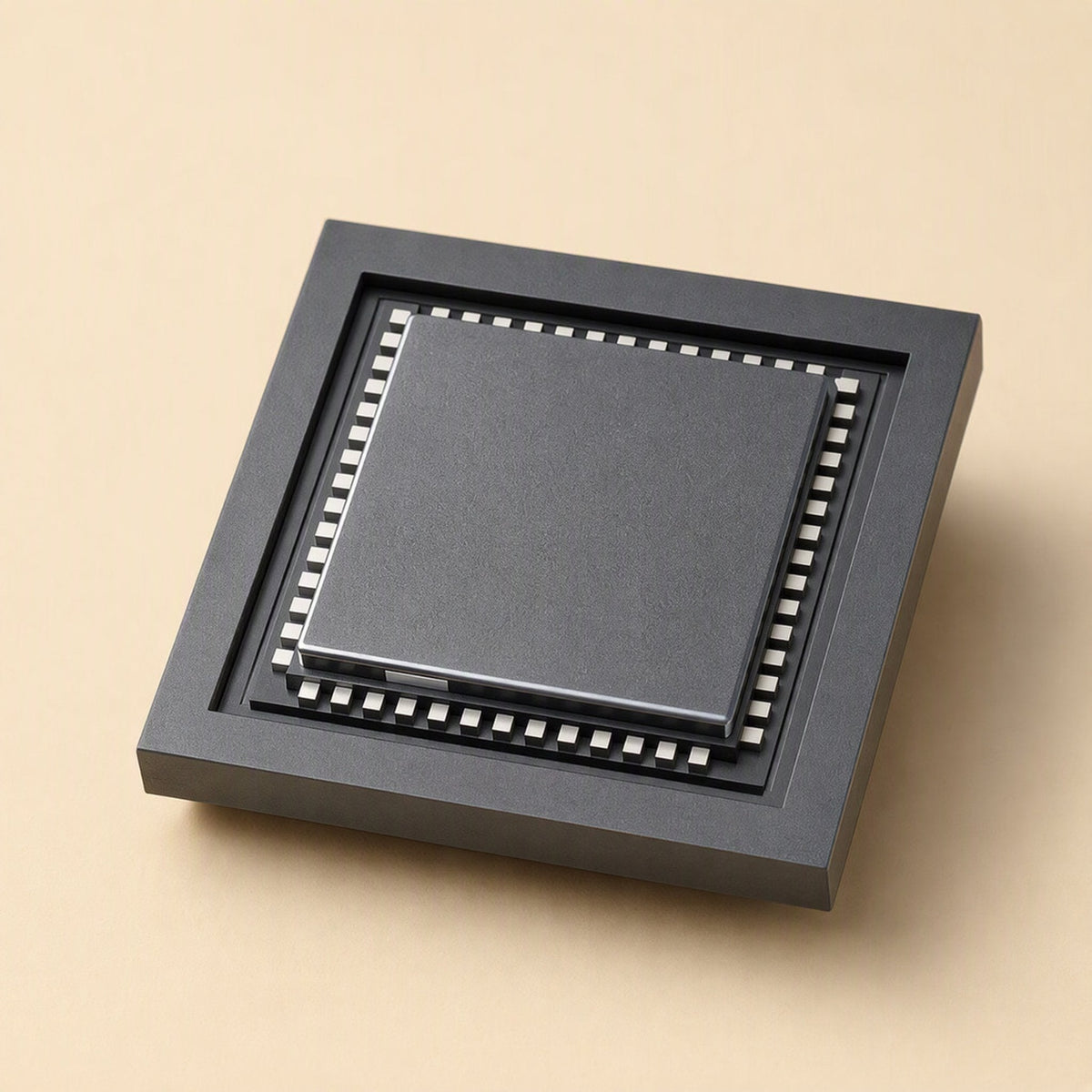 Jacklink – Close-up of a square black chip with a ring of white contact pads on a beige background