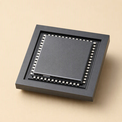 Jacklink – Close-up of a square black chip with a ring of white contact pads on a beige background