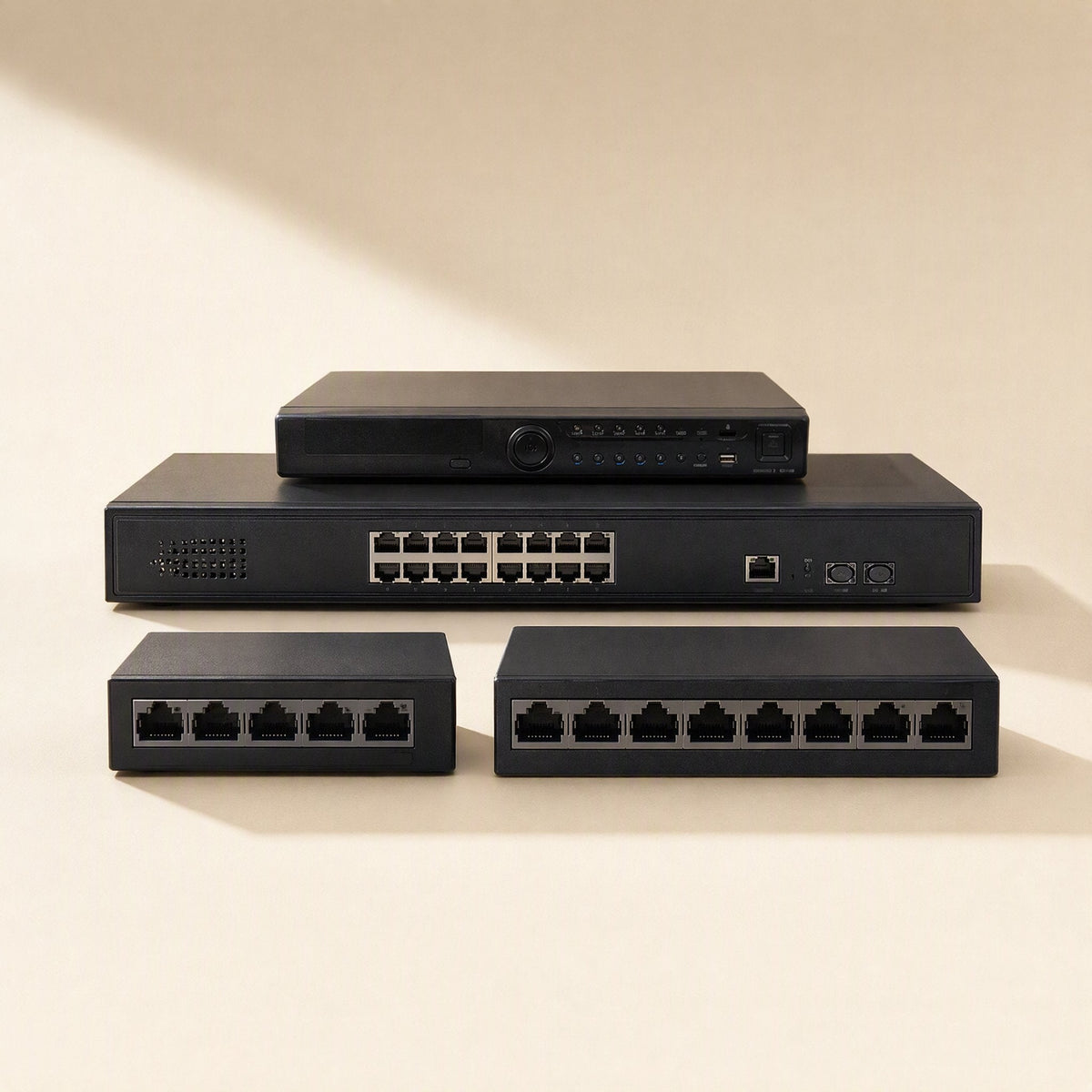 Jacklink – Black Ethernet switches in several sizes, including 5-port, 8-port and 16-port models, with a recorder on top