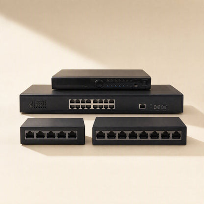 Jacklink – Black Ethernet switches in several sizes, including 5-port, 8-port and 16-port models, with a recorder on top