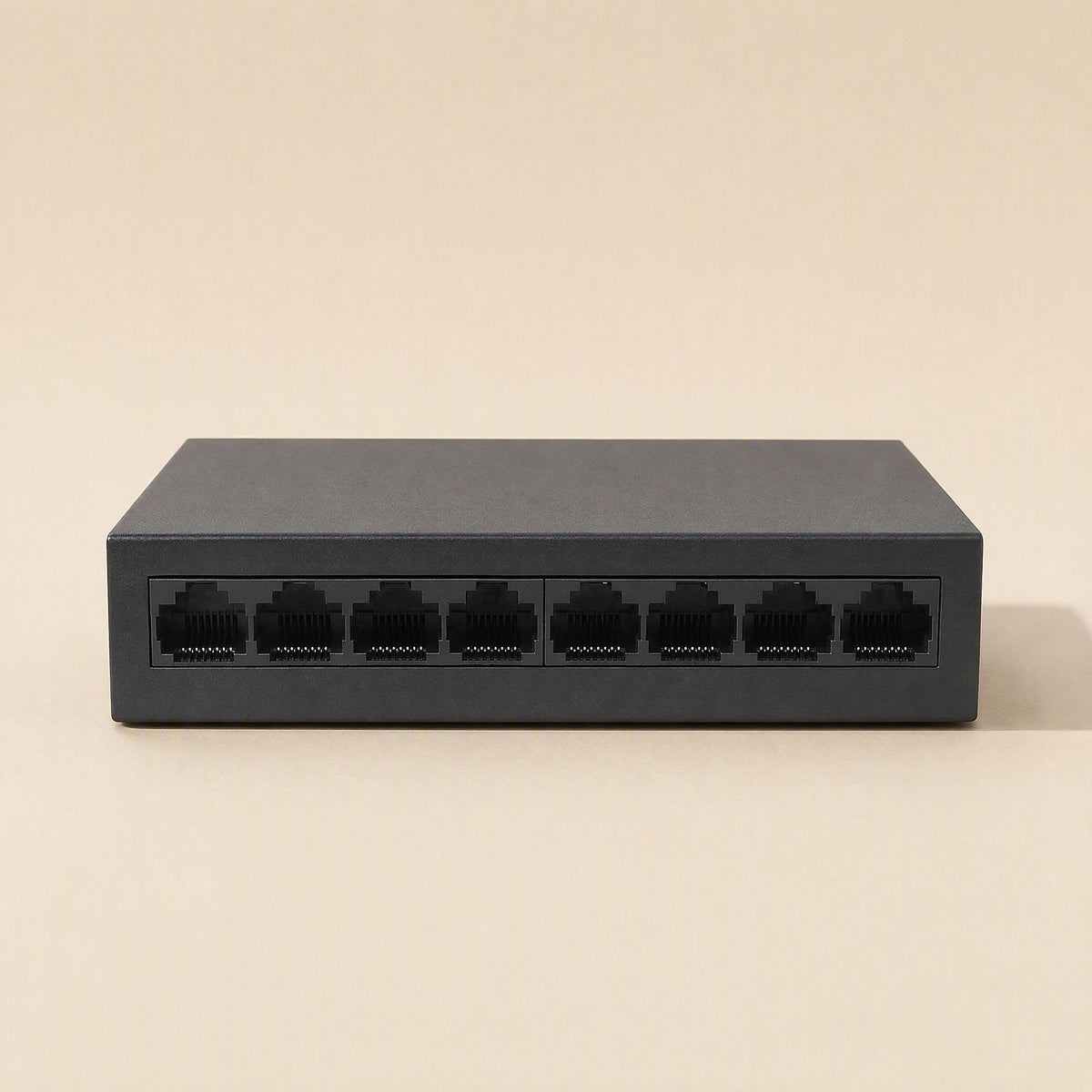 Jacklink RJ45 Ethernet Network Switch – straight-on view of the black 8-port switch showing its row of eight RJ45 ports