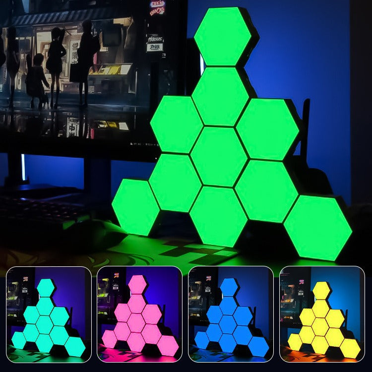 Soundgleam RGB Sound-Activated Atmosphere Light hexagon panels glowing green beside a monitor, with colour insets