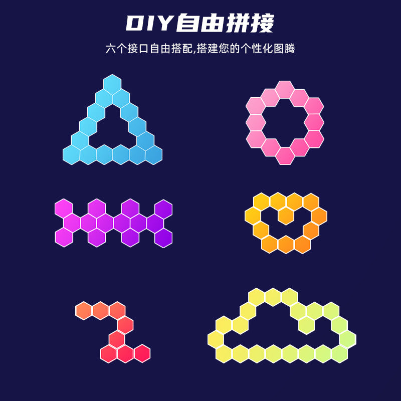Soundgleam – Hexagon light panels in pink, purple, orange and yellow arranged as a triangle, ring, heart and cloud on navy