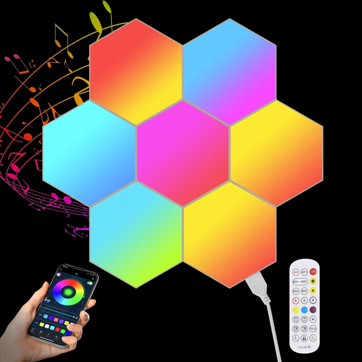 Soundgleam – Seven rainbow-gradient hexagon light panels with a phone app and remote control on a black background with