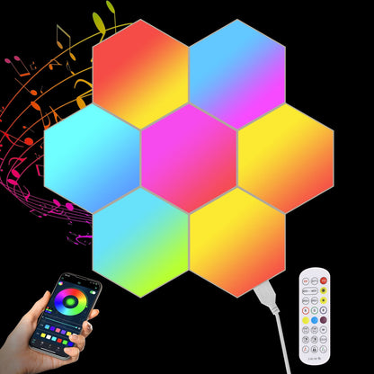 Soundgleam – Seven rainbow-gradient hexagon light panels with a phone app and remote control on a black background with