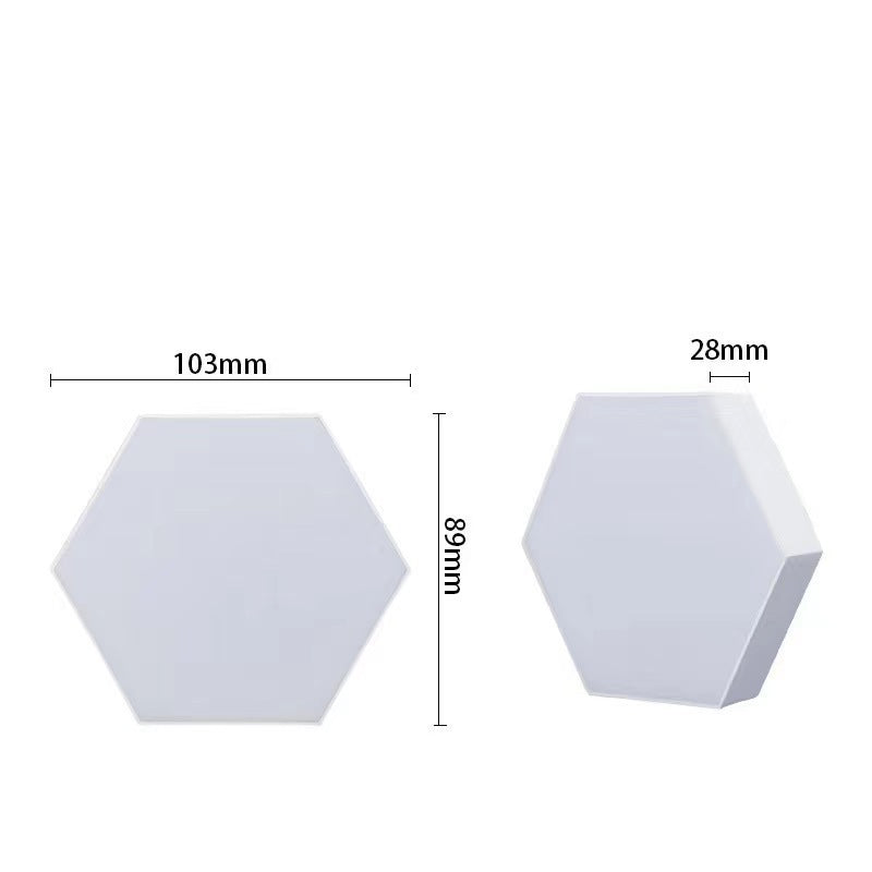 Soundgleam – White hexagon light panel shown from the front and side with dimensions of 103mm by 89mm and 28mm thick
