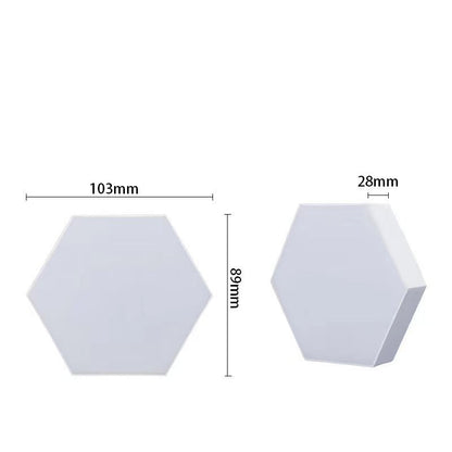 Soundgleam – White hexagon light panel shown from the front and side with dimensions of 103mm by 89mm and 28mm thick