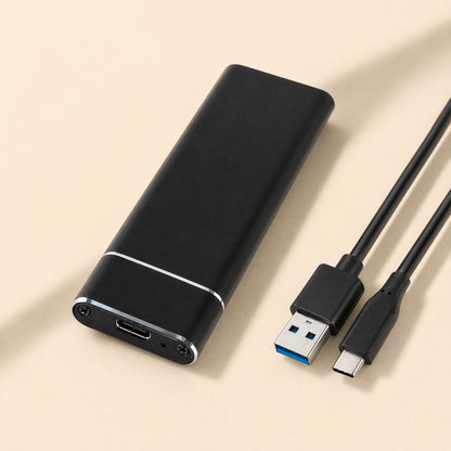 Bytecove Aluminum Alloy M.2 SSD Enclosure in black beside a USB-A to USB-C cable on a cream background