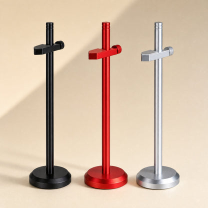 Stronghold aluminum alloy graphics card bracket in black, red and silver, shown side by side on a beige backdrop