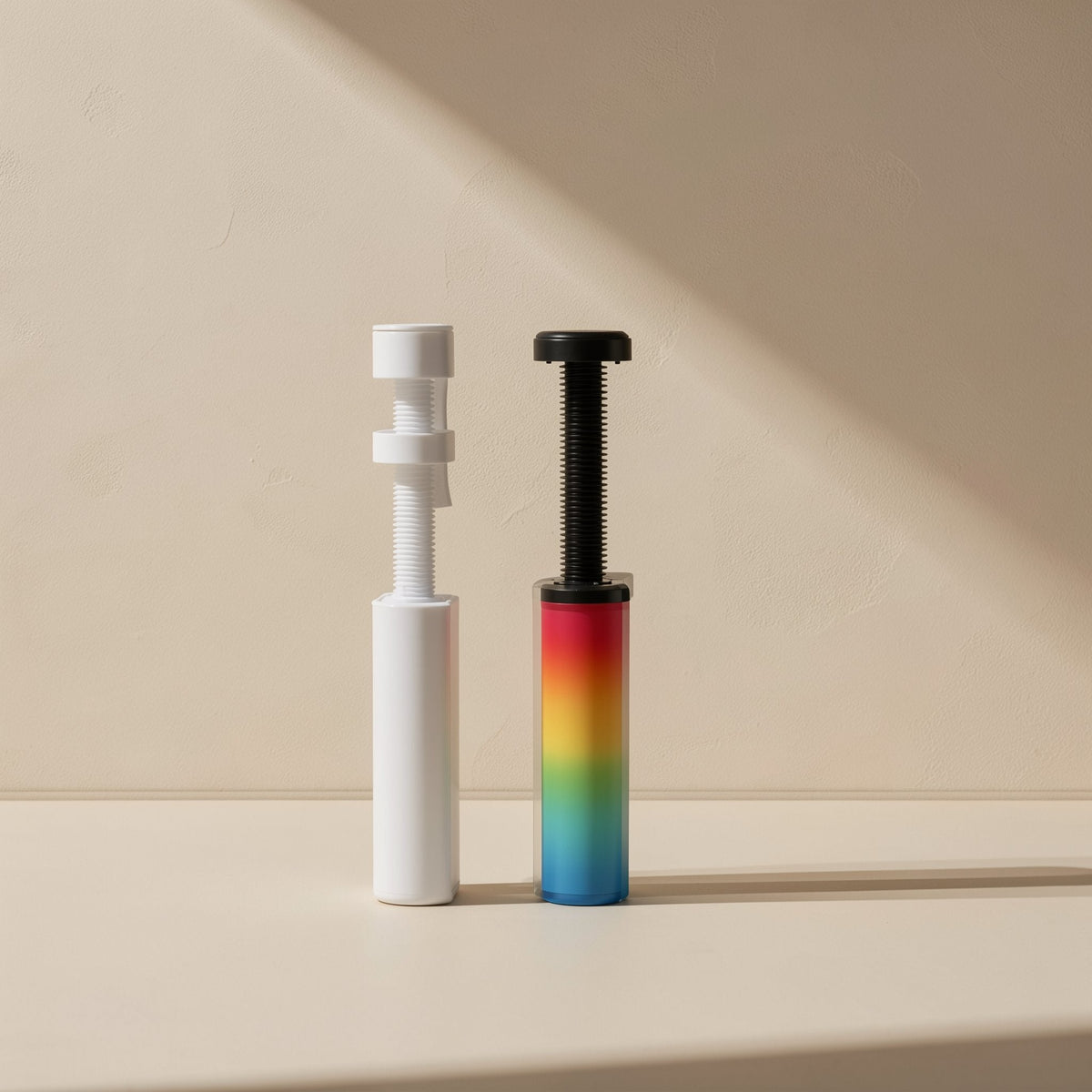 Cardbrace graphics card support bracket in white and rainbow-gradient finishes standing side by side