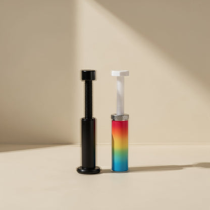 Cardbrace – Black and white threaded support brackets with rainbow-gradient bases on a beige surface