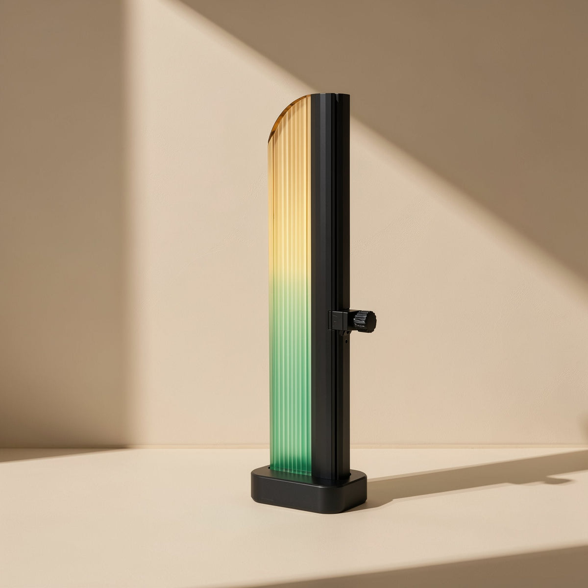 Cardbrace – Tall black support bracket with green-yellow ribbed glass panel and side adjustment knob on a base