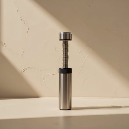 Cardbrace – Brushed steel telescoping support bracket with threaded rod and black knurled collar
