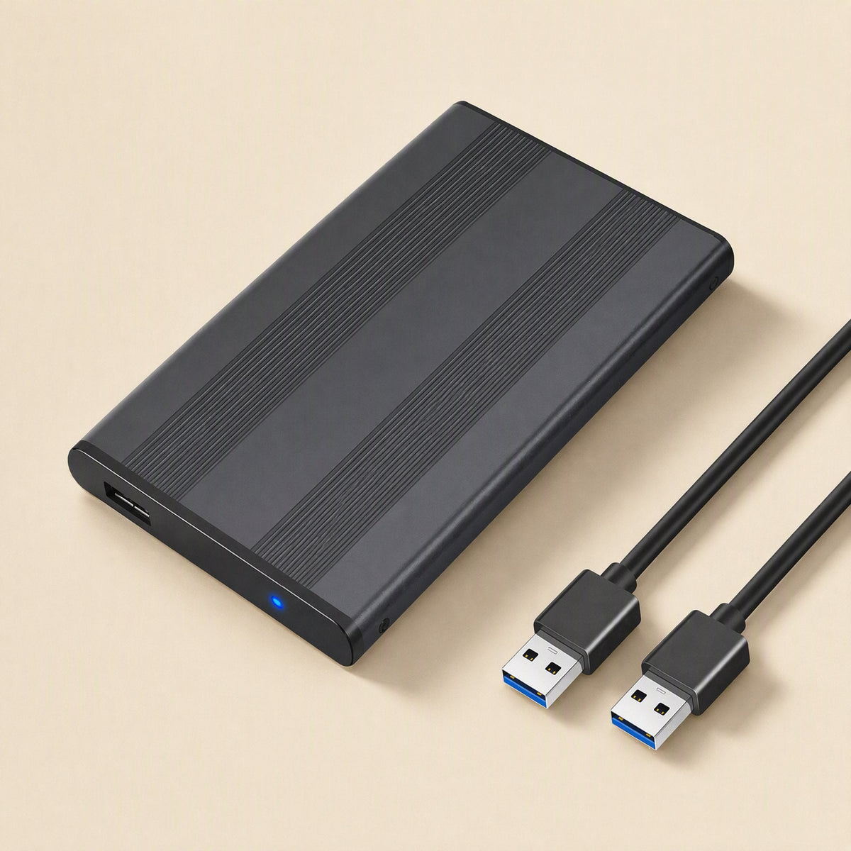 Flexshell – Striped black enclosure with blue LED and front USB port, shown with two USB-A connectors on cables