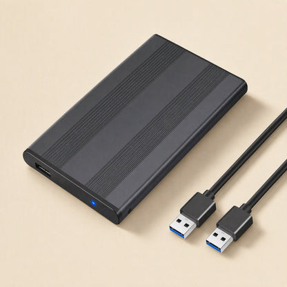 Flexshell – Striped black enclosure with blue LED and front USB port, shown with two USB-A connectors on cables