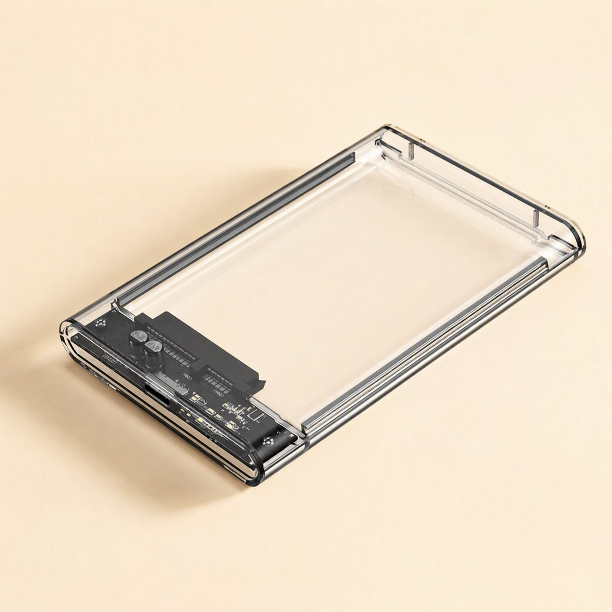 Flexshell – Clear transparent enclosure angled to show the internal circuit board and SATA connector