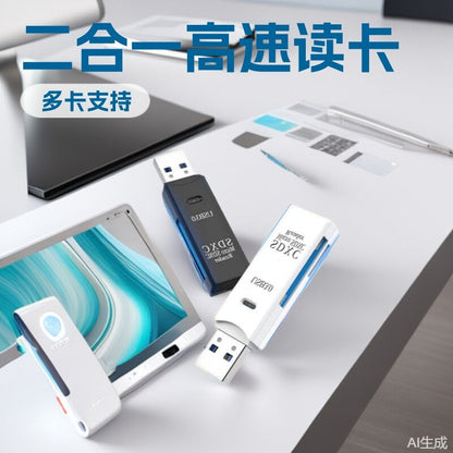 Slotfetch Card Reader for TF and SD Cards in black and white on a desk with a laptop and tablet