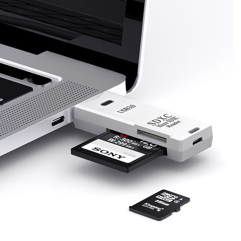 Slotfetch – White card reader with SD card and microSD card slots, an SD card inserted and a microSD card nearby