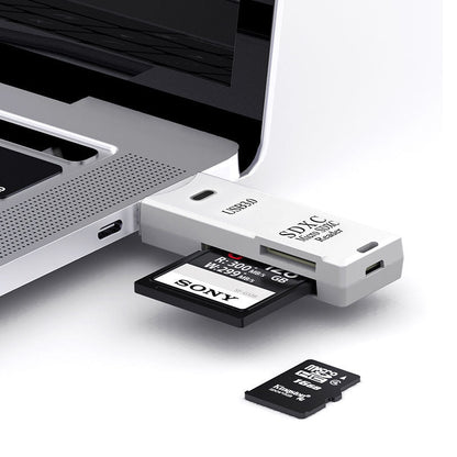 Slotfetch – White card reader with SD card and microSD card slots, an SD card inserted and a microSD card nearby