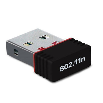 Airbridge – Close-up angled view of a black mini USB adapter with 802.11n printed on its side and a red band by the plug