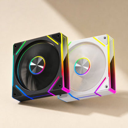 Colorbreeze 12cm ARGB chassis cooling fan in black and white, side by side with rainbow-lit edges