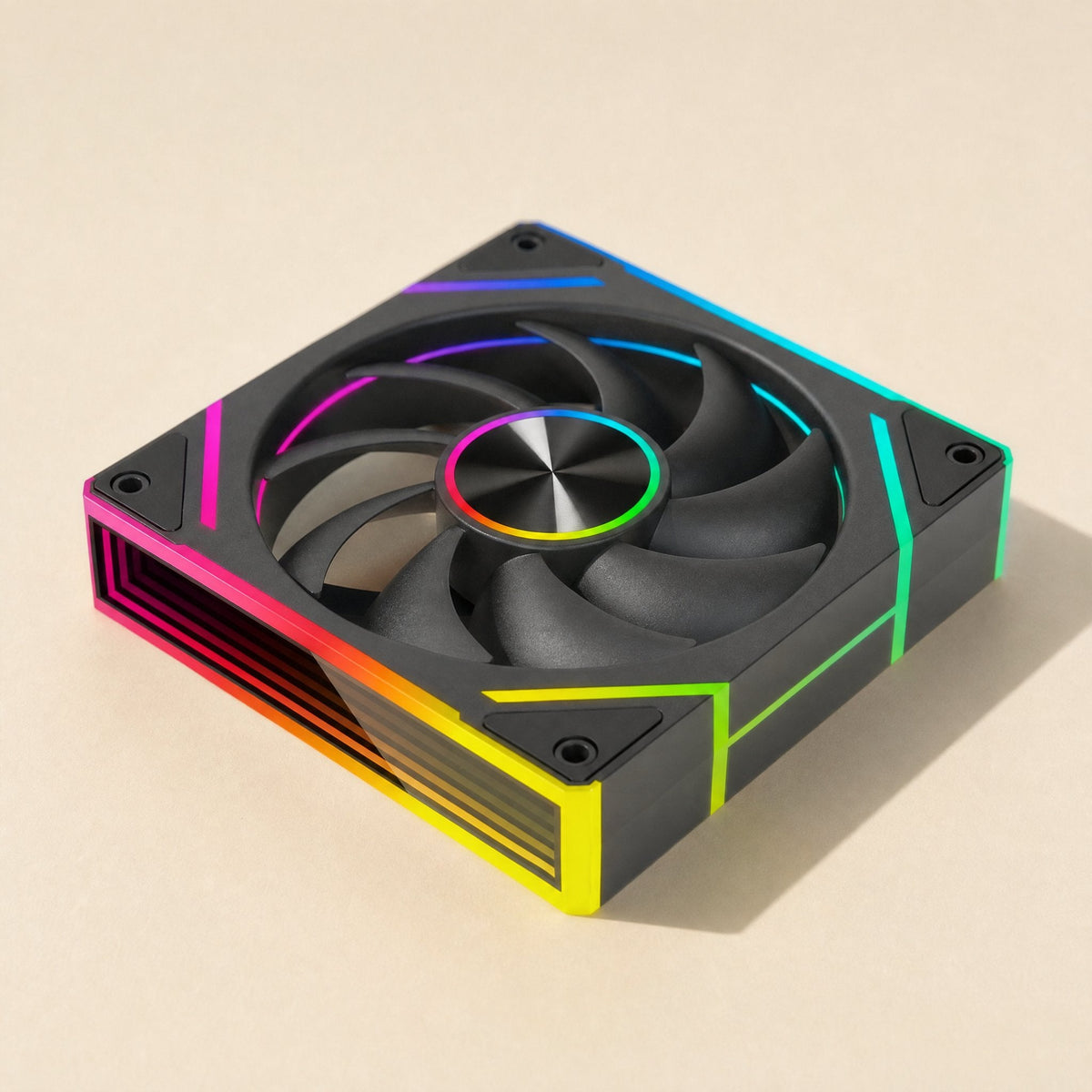 Colorbreeze – Black fan from above at an angle, showing curved blades and a rainbow-lit corner edge