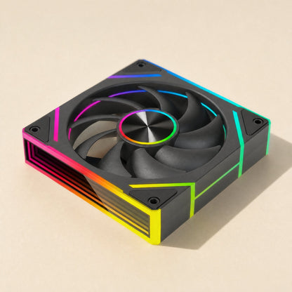 Colorbreeze – Black fan from above at an angle, showing curved blades and a rainbow-lit corner edge