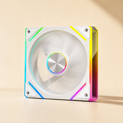 Colorbreeze – White fan seen from the front, with rainbow LED trim and a ring light around the center hub