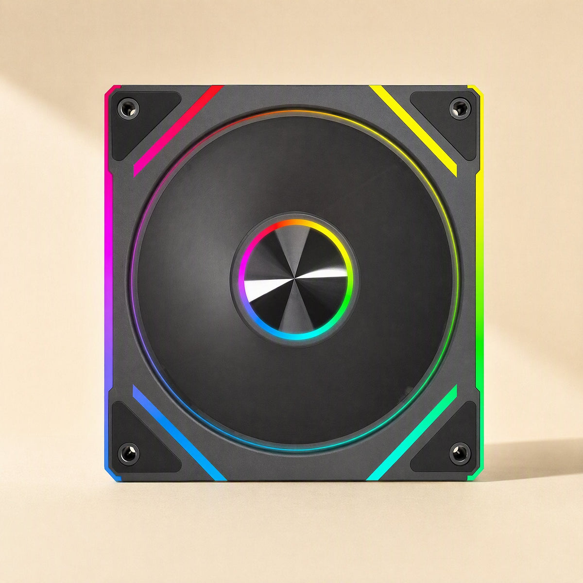 Colorbreeze – Black fan front view with a rainbow ring around the silver hub and lit trim on the frame corners