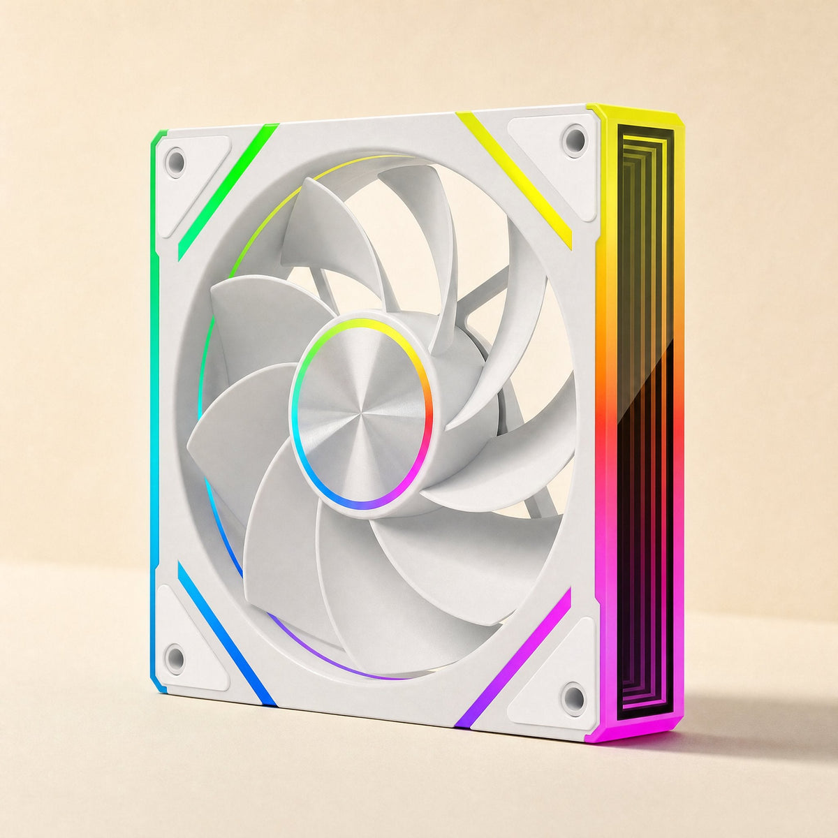 Colorbreeze – White fan at an angle showing nine curved blades, a rainbow hub ring and a lit side panel