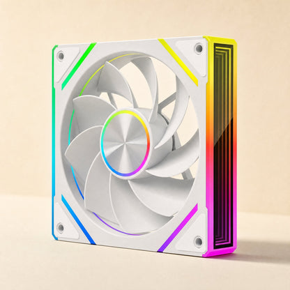 Colorbreeze – White fan at an angle showing nine curved blades, a rainbow hub ring and a lit side panel