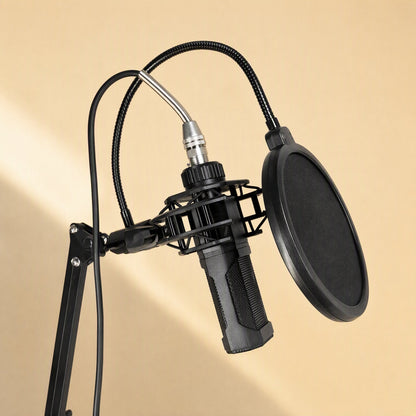 Windveil – Pop filter mounted on a boom arm in front of a condenser microphone in a shock mount, angled side view