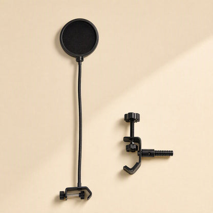 Windveil – Pop filter with straight gooseneck and clamp attached, beside a separate detached mounting clamp with screw knob
