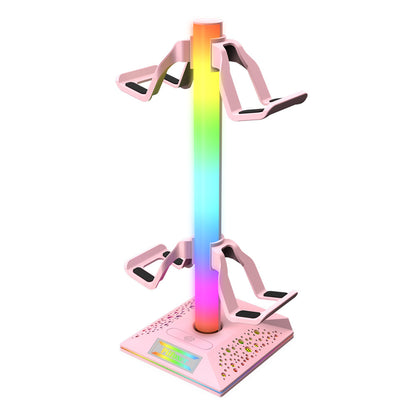 Hookbeam – Pink stand with rainbow light column, two controller hooks on each side and a speckled base, on white