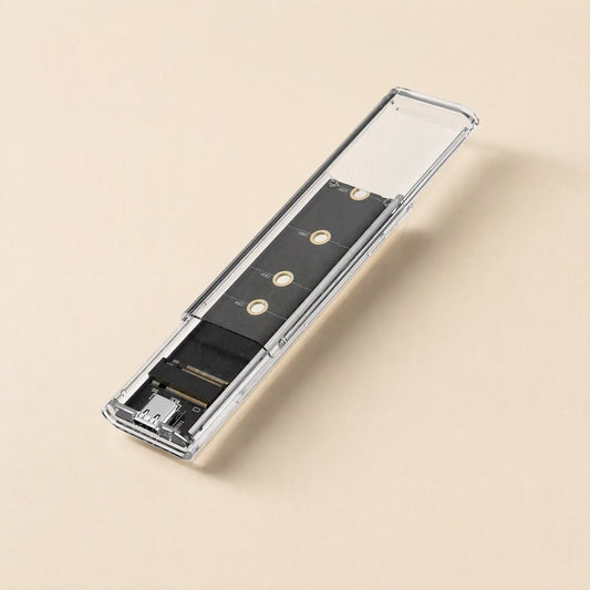Bytebox – Clear M.2 enclosure with lid slid open, showing the black circuit board, mounting holes and USB-C port