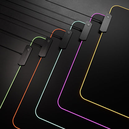 Glowmat RGB Luminous Gaming Mouse Pad corners in green, orange, mint, pink and yellow glowing edges