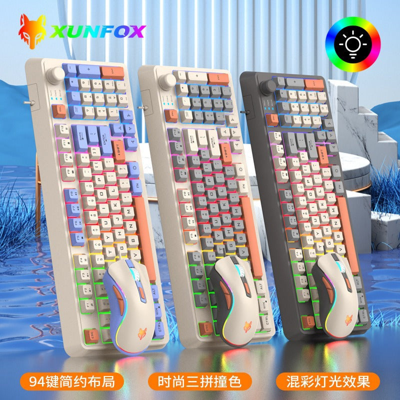 Foxglow – Three keyboards in cream, cream-blue and gray tri-color keycaps, each paired with a matching RGB gaming mouse