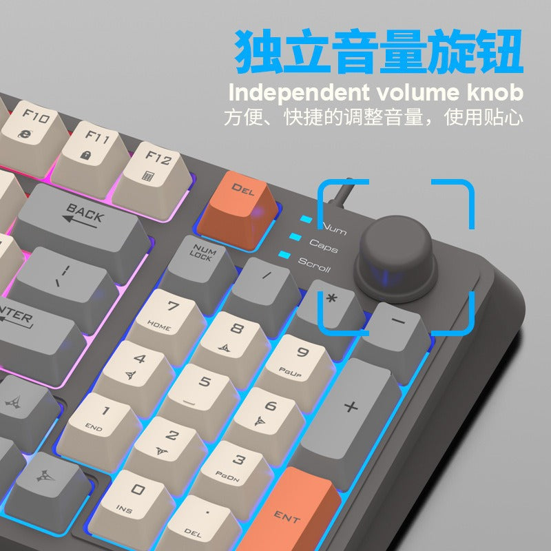 Foxglow – Close-up of the volume knob and Num, Caps and Scroll indicator lights on the top-right corner of the keyboard