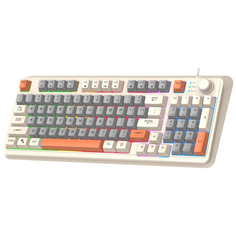 Foxglow – Cream keyboard with gray and orange keycaps and rainbow edge lighting, shown from a front-left angle