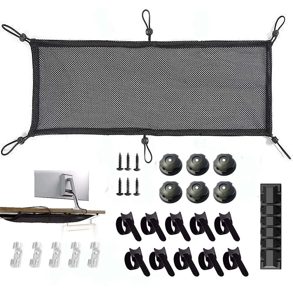 Meshcoil Silicone Cable Storage Net Organizer with screws, mounting knobs, hook-and-loop ties and cable clip strip
